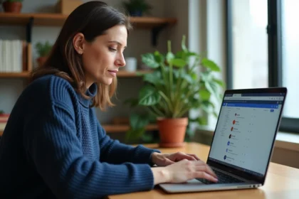 Femme travaillant sur un ordinateur portable pour migrer ses emails vers webmail.ionos dans un bureau à domicile moderne