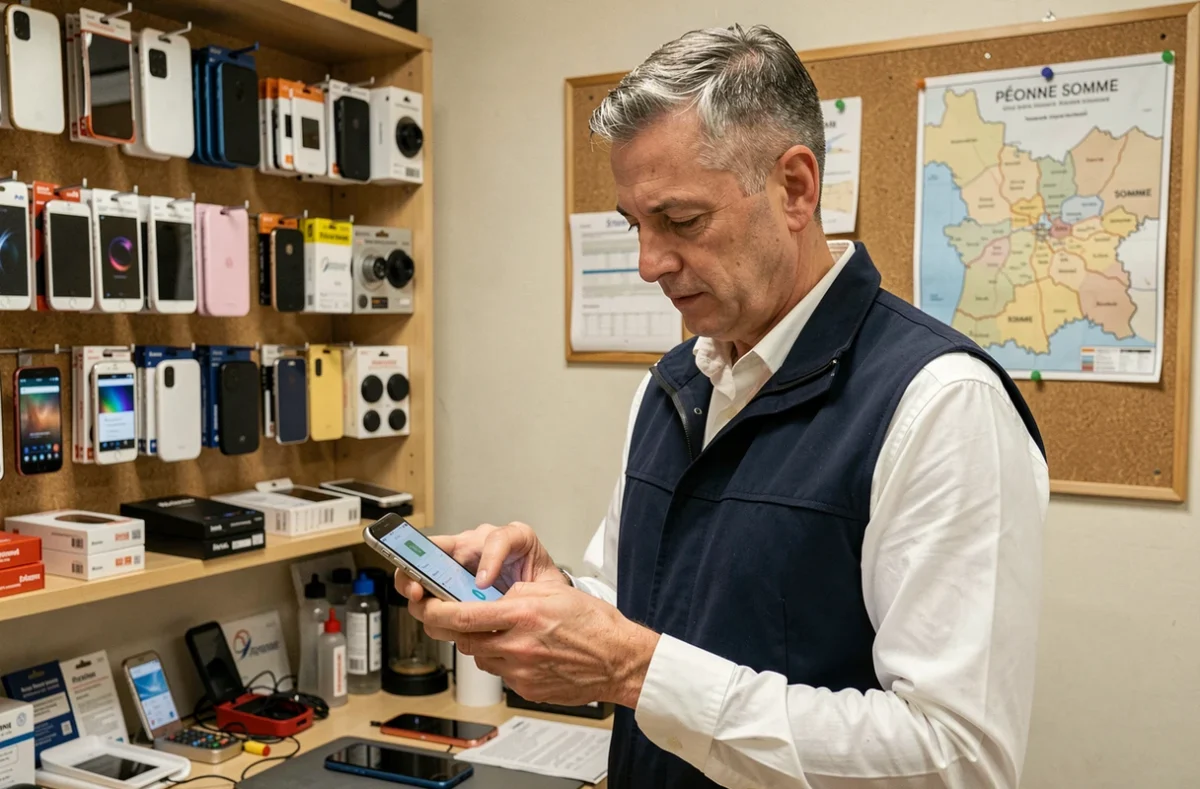 Technicien de Mobile Expert Péronne testant un smartphone réparé dans sa boutique