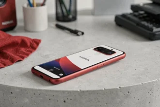 Nokia smartphone blanc et rouge posé sur une surface en béton gris dans un environnement minimaliste de bureau