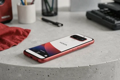 Nokia smartphone blanc et rouge posé sur une surface en béton gris dans un environnement minimaliste de bureau