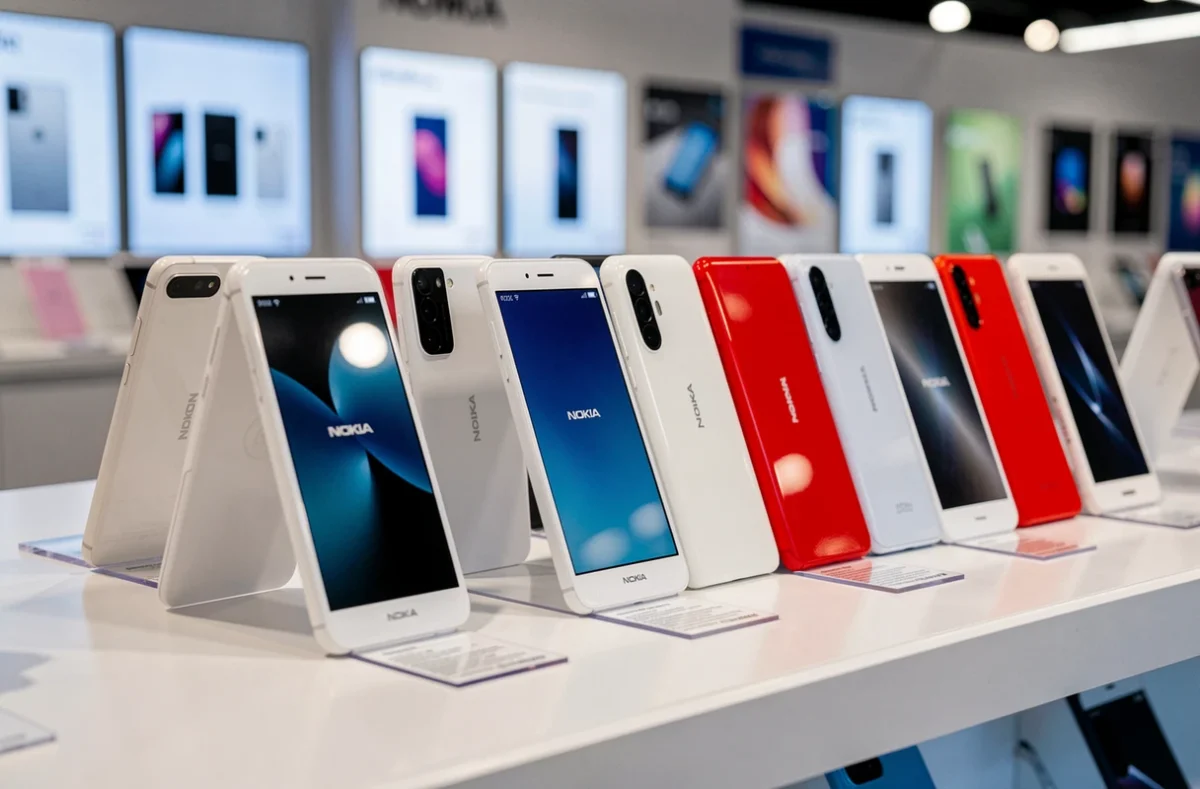 Plusieurs modèles de Nokia blanc et rouge alignés sur un présentoir de boutique pour un comparatif de produits