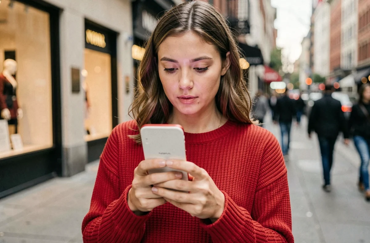Femme tenant un Nokia blanc et rouge dans ses mains en pleine rue commerçante urbaine