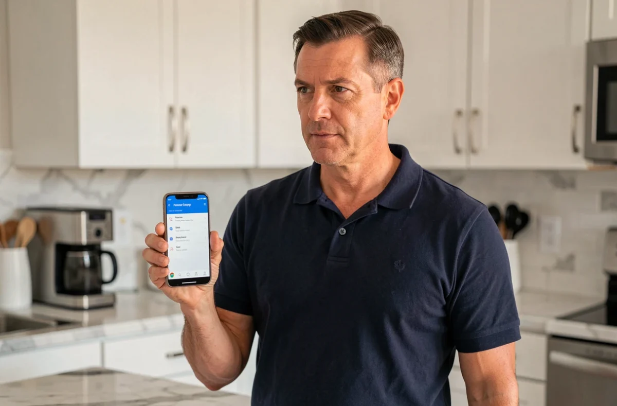 Homme consultant les paramètres de synchronisation des mots de passe Chrome sur son smartphone Android dans une cuisine moderne