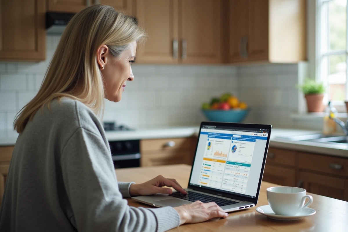 Parent consultant le suivi scolaire de son enfant via l'ENT 41 sur un ordinateur portable dans la cuisine