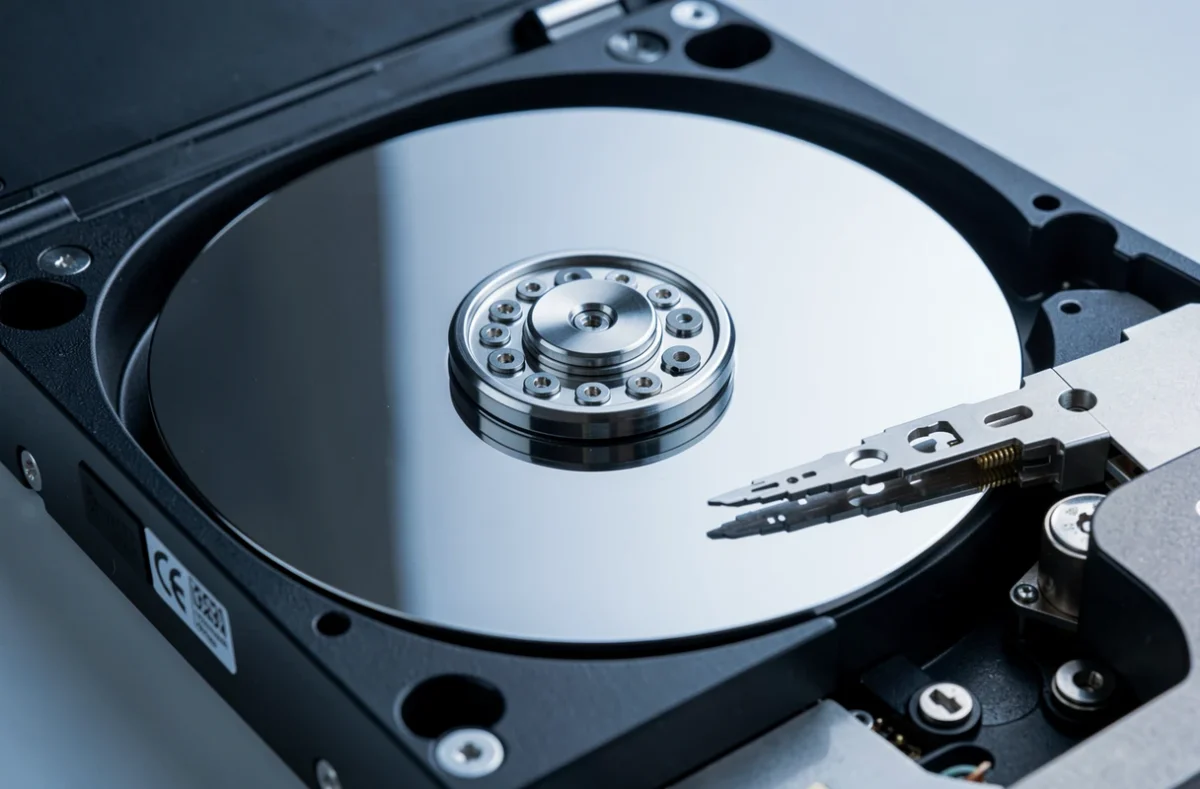 Plateau d'un disque dur ouvert montrant la surface magnétique
