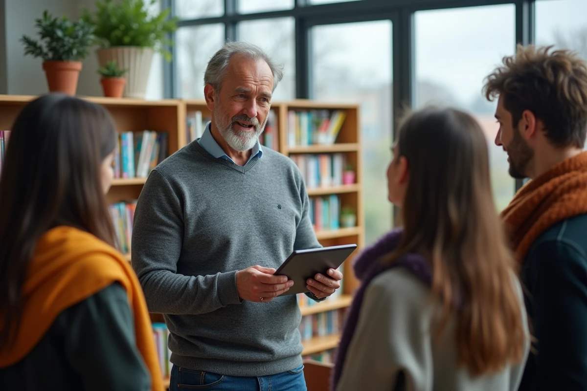 Professeur présentant la plateforme numérique Infonovateur.com à ses collègues dans une bibliothèque scolaire