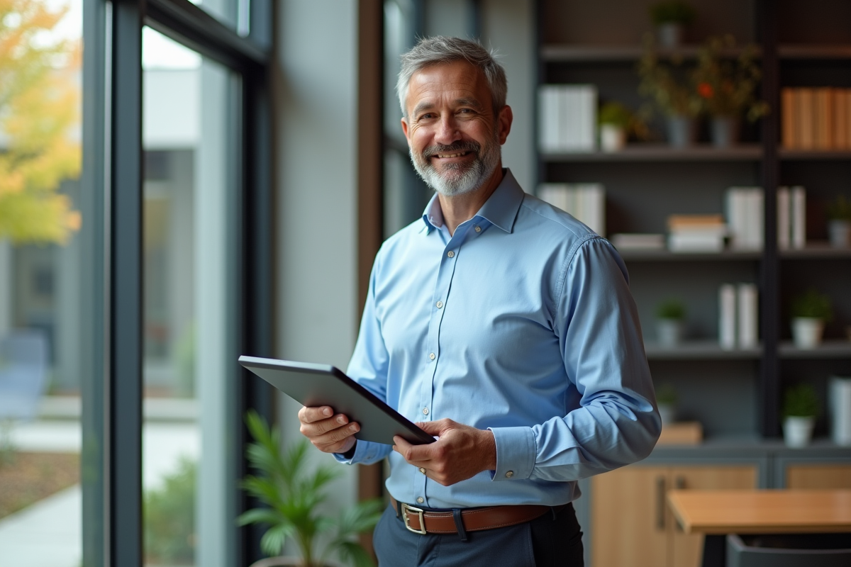 Professeur en business casual devant une fenêtre avec simulation quantique