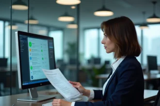 Professionnelle utilisant le logiciel Epsilon Soft pour sécuriser et vérifier des scans de documents au bureau