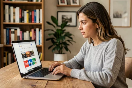 Femme cherchant des promotions américaines sur Google USA depuis son bureau à domicile