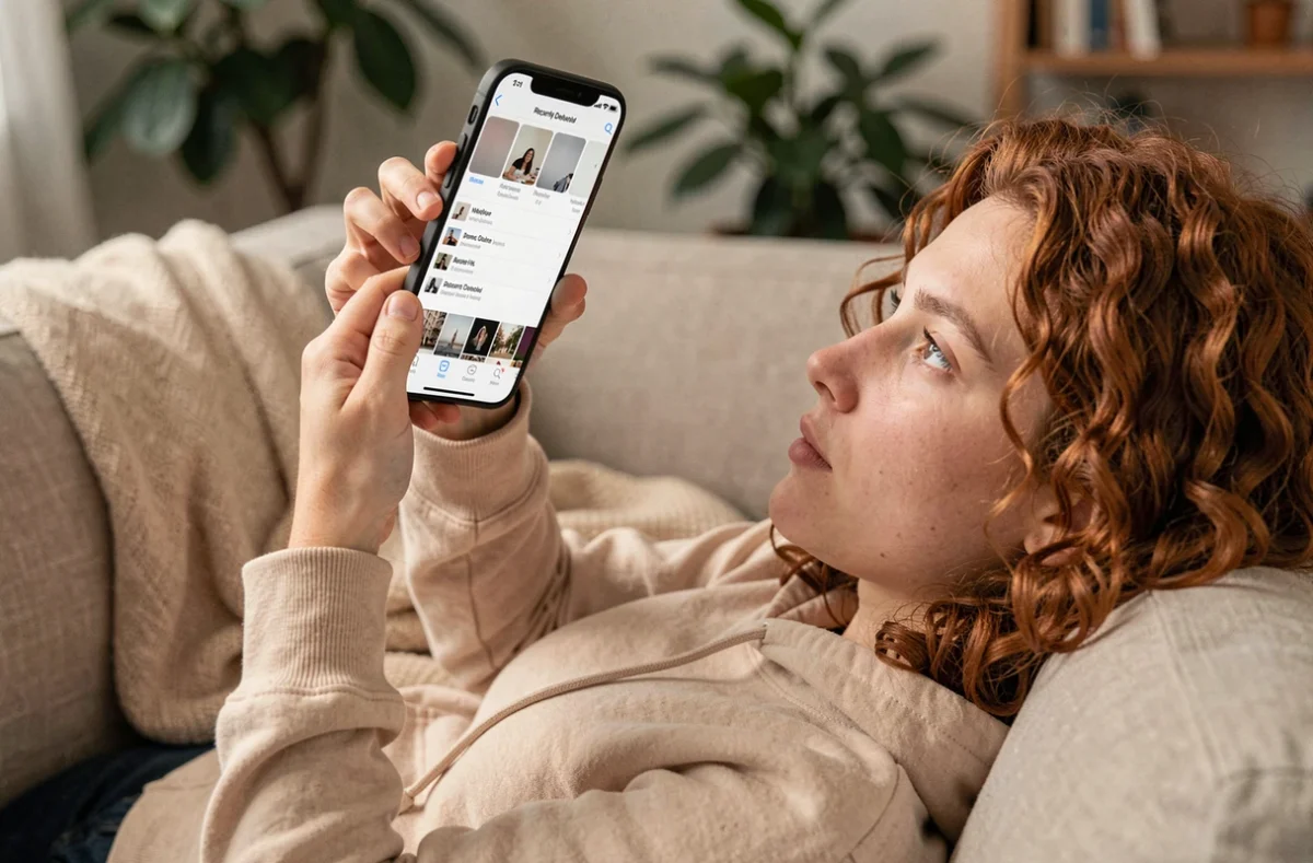 Jeune personne vérifiant l'album récemment supprimé sur iPhone pour retrouver des photos effacées