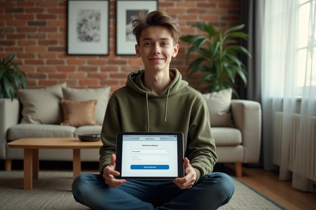 Jeune personne récupérant l'accès à son compte webmail Ozone sur une tablette depuis son salon