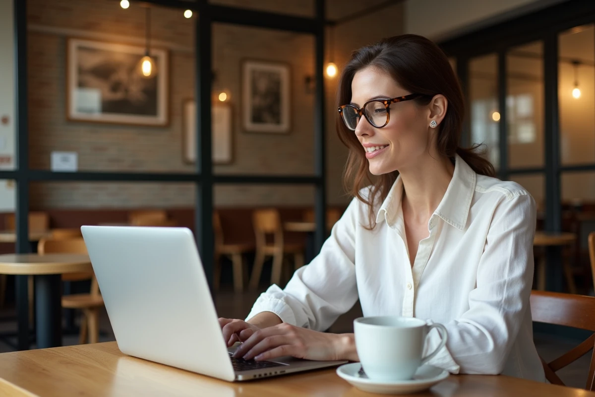 Rédactrice freelance utilisant un outil de comptage de caractères en ligne dans un café pour améliorer la lisibilité de ses textes