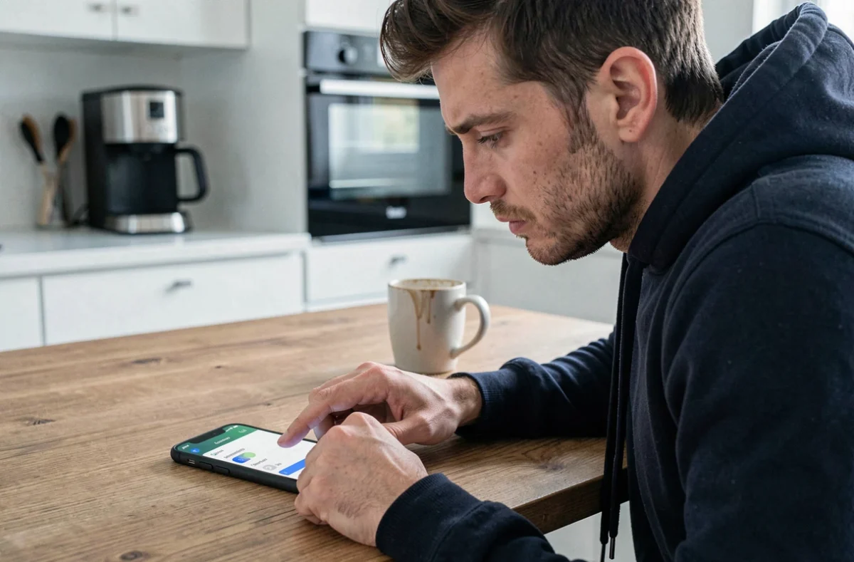 Homme consultant les paramètres d'alarme sur son iPhone posé sur une table de cuisine pour résoudre un problème de sonnerie