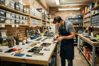 Atelier de réparation de smartphones dans la Somme avec technicien au travail sur des appareils mobiles
