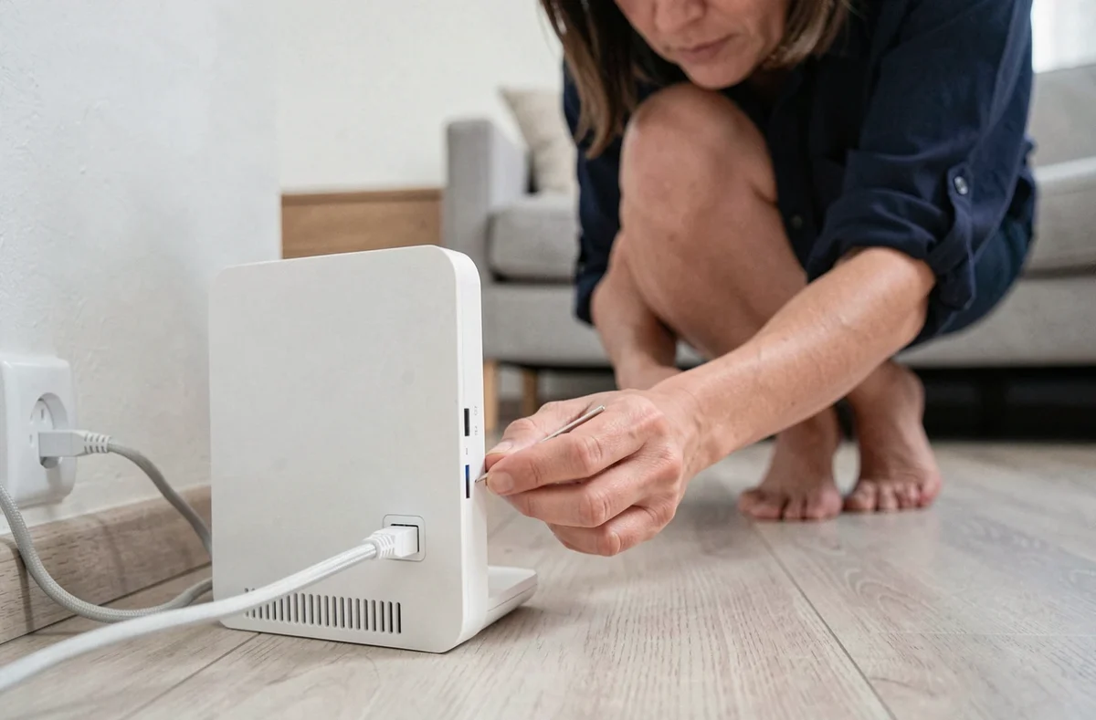 Femme effectuant un reset physique d'une box internet à l'aide d'une épingle sur le bouton de réinitialisation du routeur