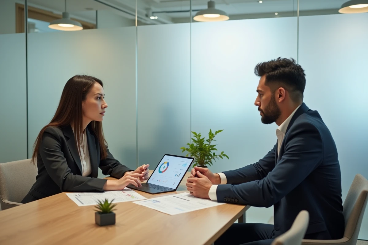 Deux professionnels en réunion consultant une solution de gestion cabinet en ligne sur tablette