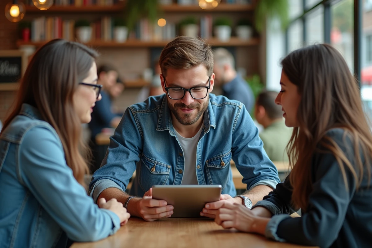 Groupe en réunion créative dans un café urbain