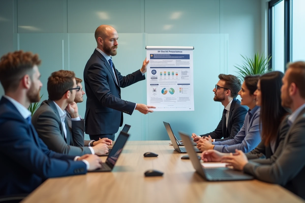 Groupe de collègues discutant autour d une table avec affiche GDPR