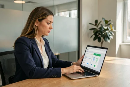 Femme professionnelle consultant les paramètres de confidentialité sur une application web sécurisée