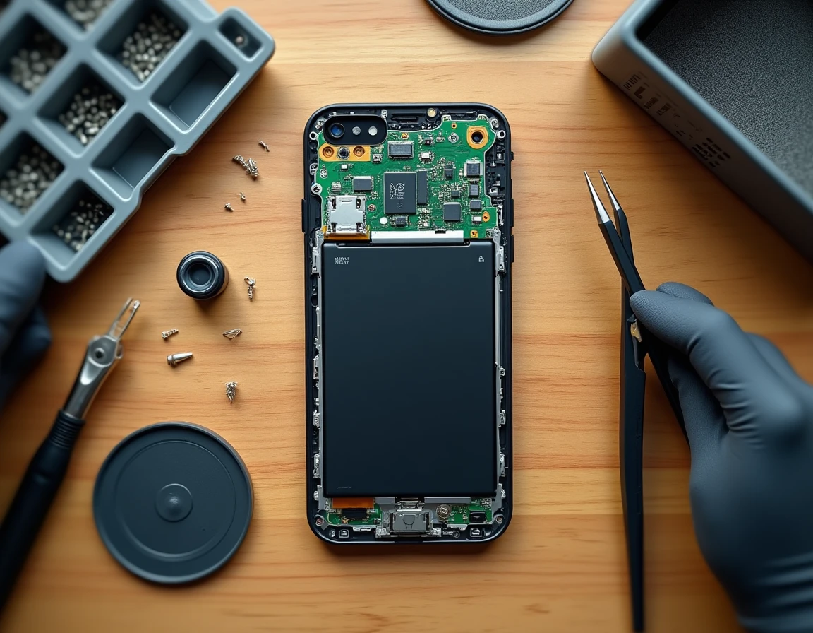 Vue aérienne d'un smartphone démonté sur un établi de réparation avec outils de précision