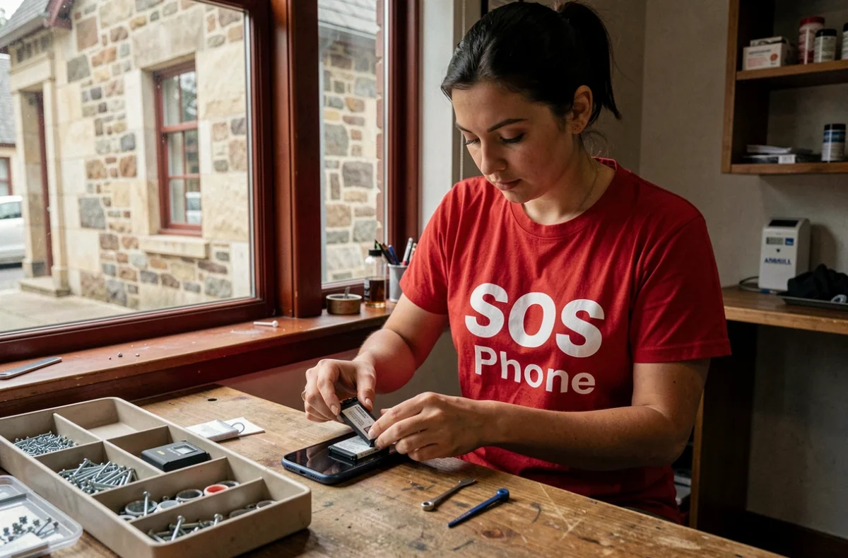 Technicienne de SOS Phone Abbeville remplaçant la batterie d'un téléphone dans une petite boutique