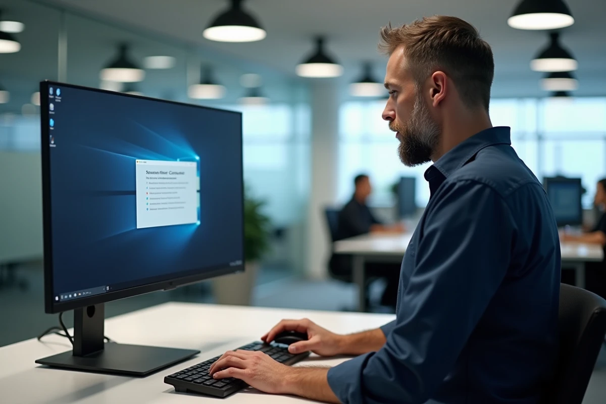 Homme au bureau supprimant un compte Microsoft lié à Windows 11 sur un ordinateur de bureau