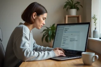 Femme utilisant les paramètres Windows 11 sur un ordinateur portable pour supprimer un compte Microsoft