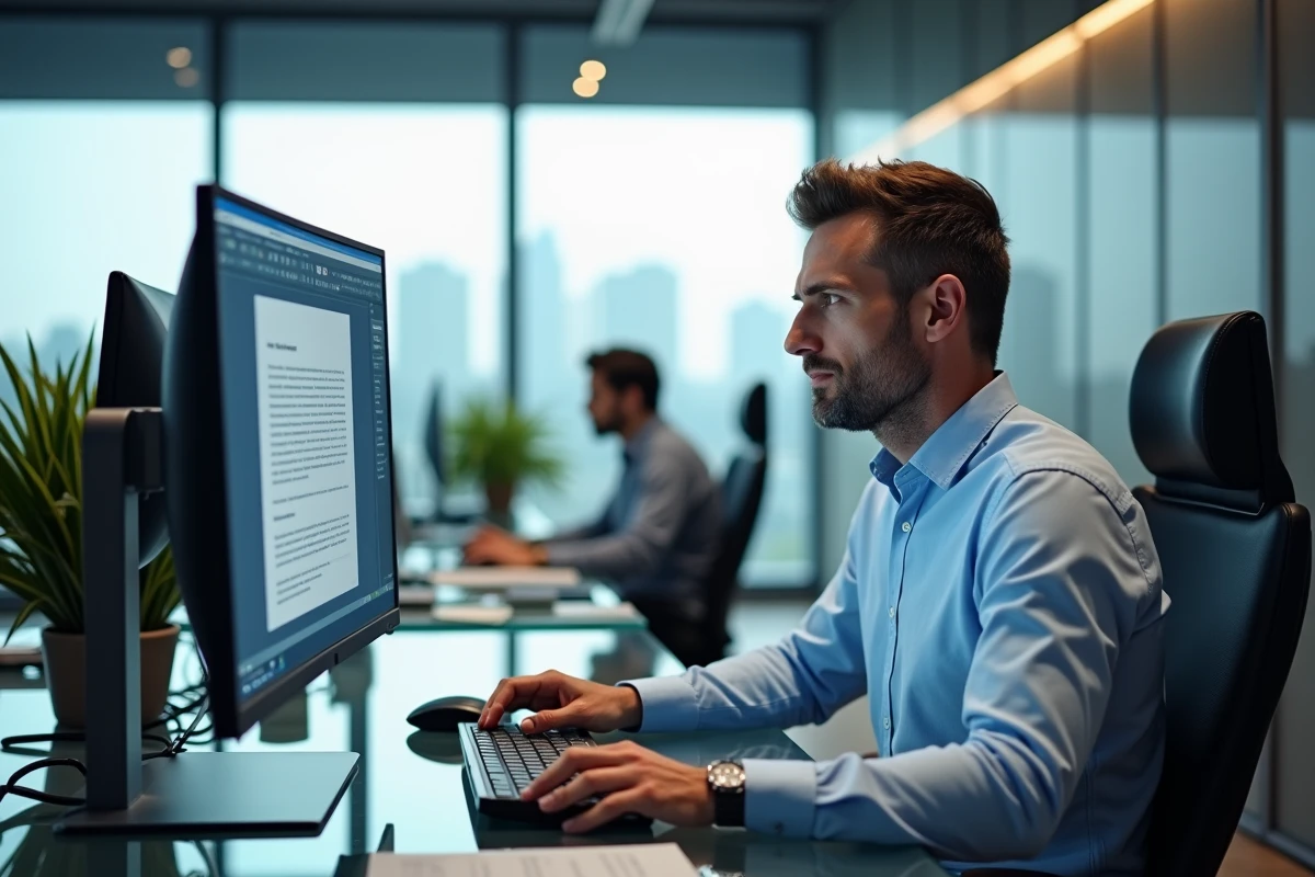 Homme en entreprise supprimant une page vide dans un document Word sur un grand écran
