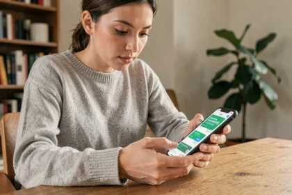 Jeune femme utilisant WhatsApp sur smartphone pour surligner un mot clé avec du texte en gras