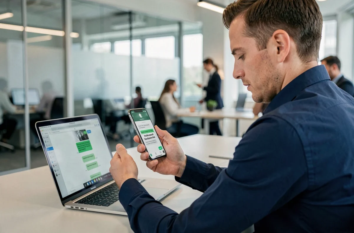 Homme en bureau consultant WhatsApp sur smartphone avec mise en forme de texte pour surligner un mot clé
