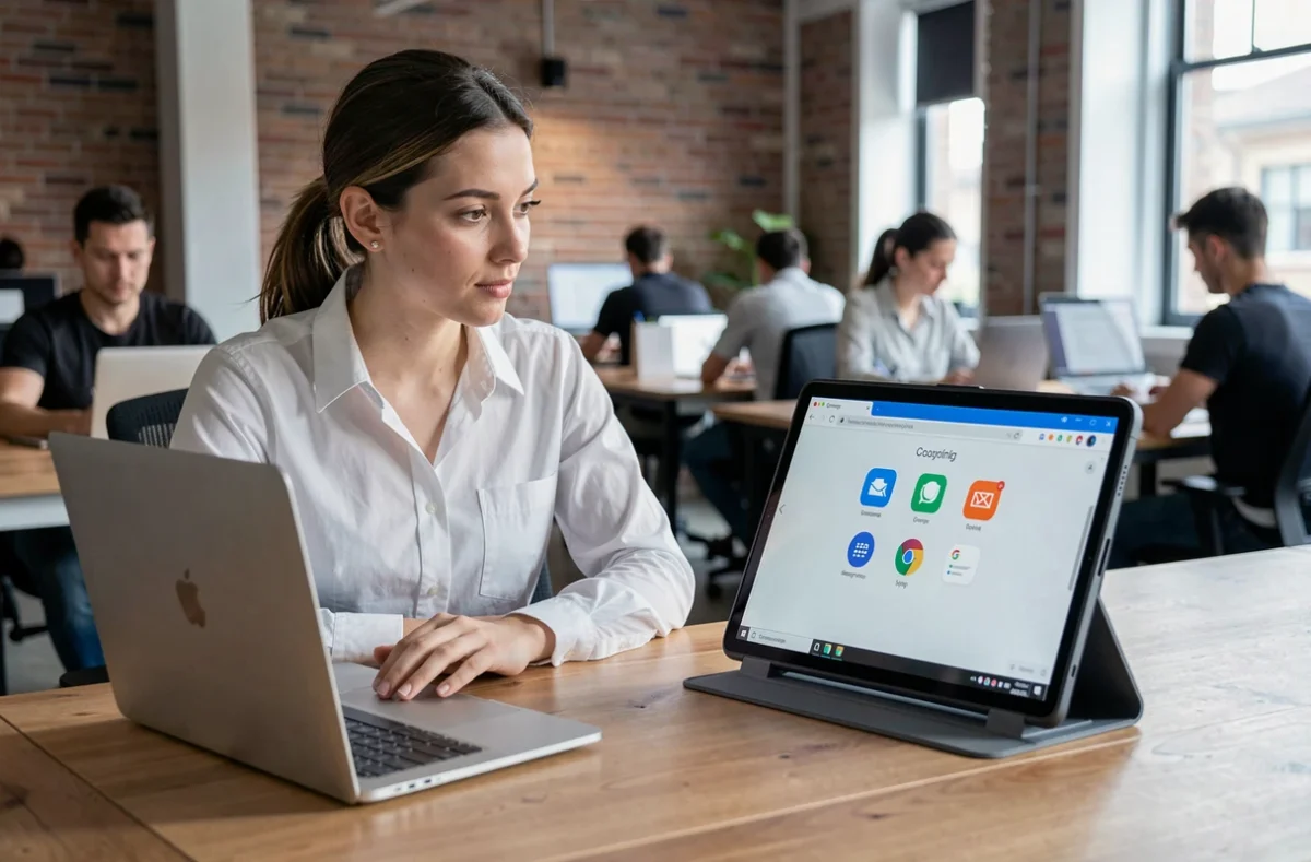 Jeune professionnelle synchronisant ses mots de passe Chrome entre un MacBook et une tablette dans un espace de co-working