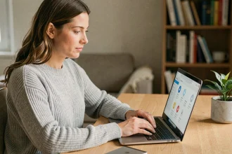 Femme utilisant Chrome sur un ordinateur portable pour synchroniser ses mots de passe enregistrés sur tous ses appareils