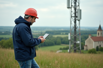 Technicien français utilisant une tablette près d'une ancienne cellule