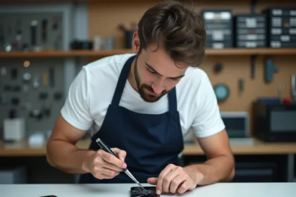 Technicien en réparation de smartphone dans un atelier de réparation indépendant à Montpellier