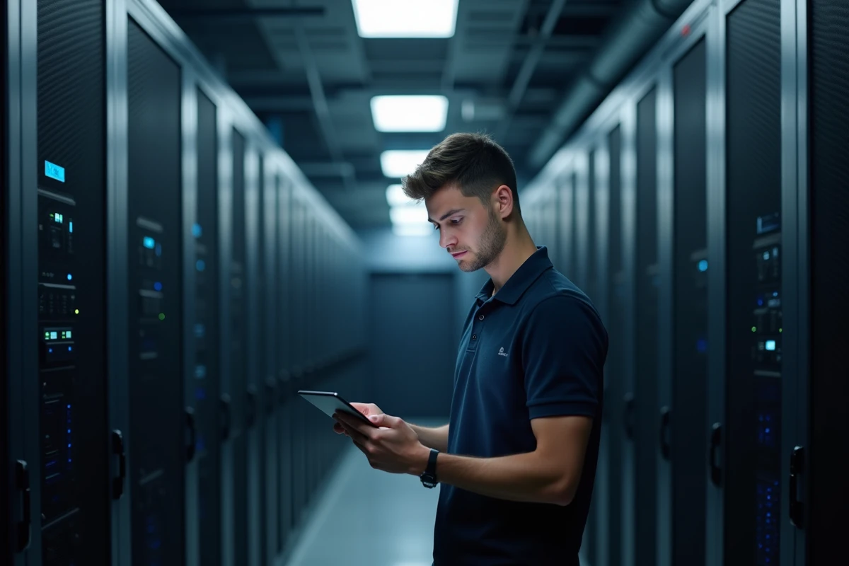 Technicien informatique consultant les paramètres de sécurité de la messagerie Zimbra dans une salle serveur