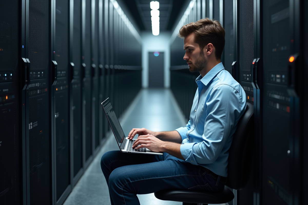 Jeune spécialiste IT travaillant dans un centre de données