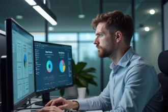Technicien informatique analysant une interface de bureau virtuel VDI sur plusieurs écrans dans un bureau moderne
