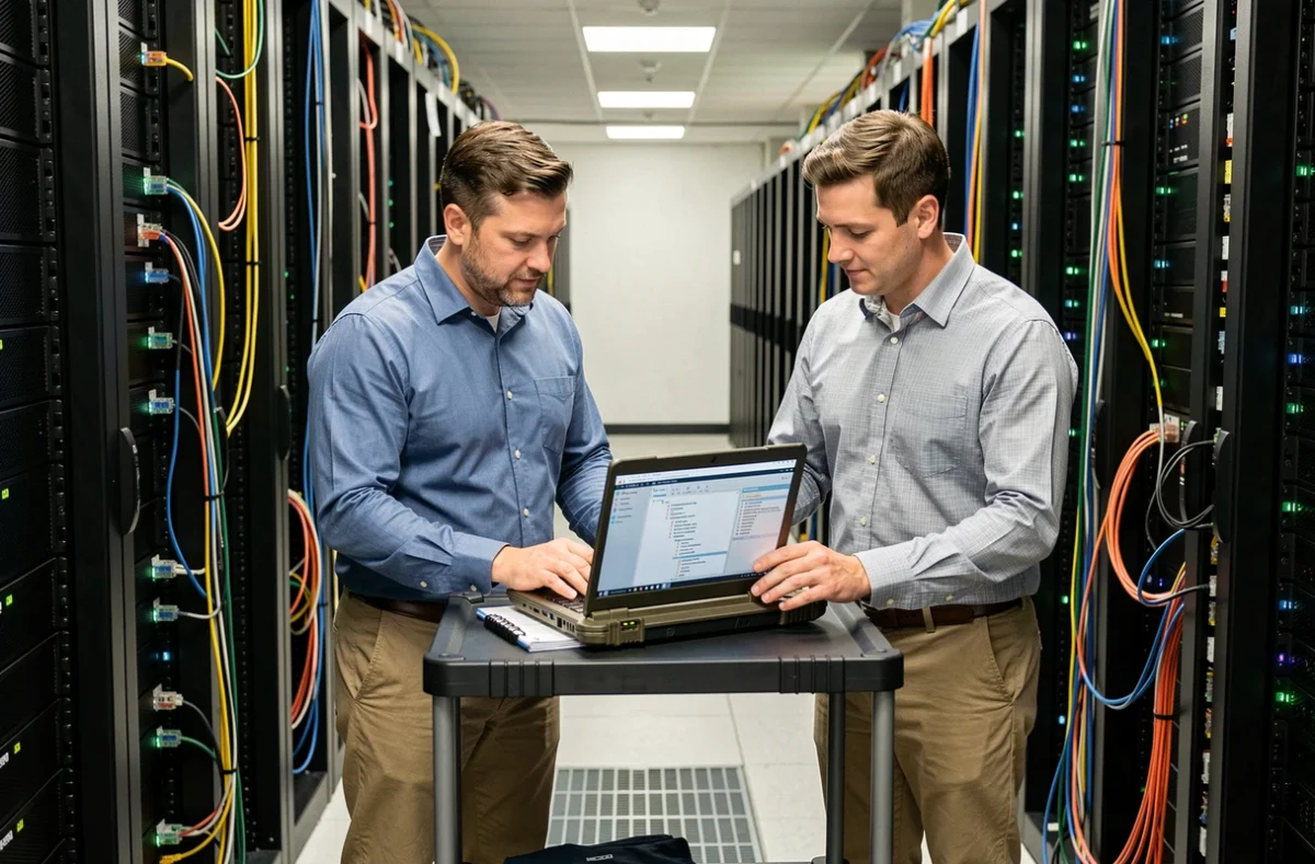 Deux techniciens IT collaborant dans un couloir de centre de données pour configurer un Branch Distribution Point