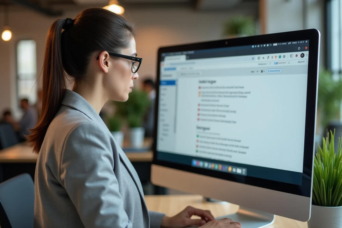 Femme en train de vérifier les paramètres de messagerie sur un ordinateur de bureau en open space
