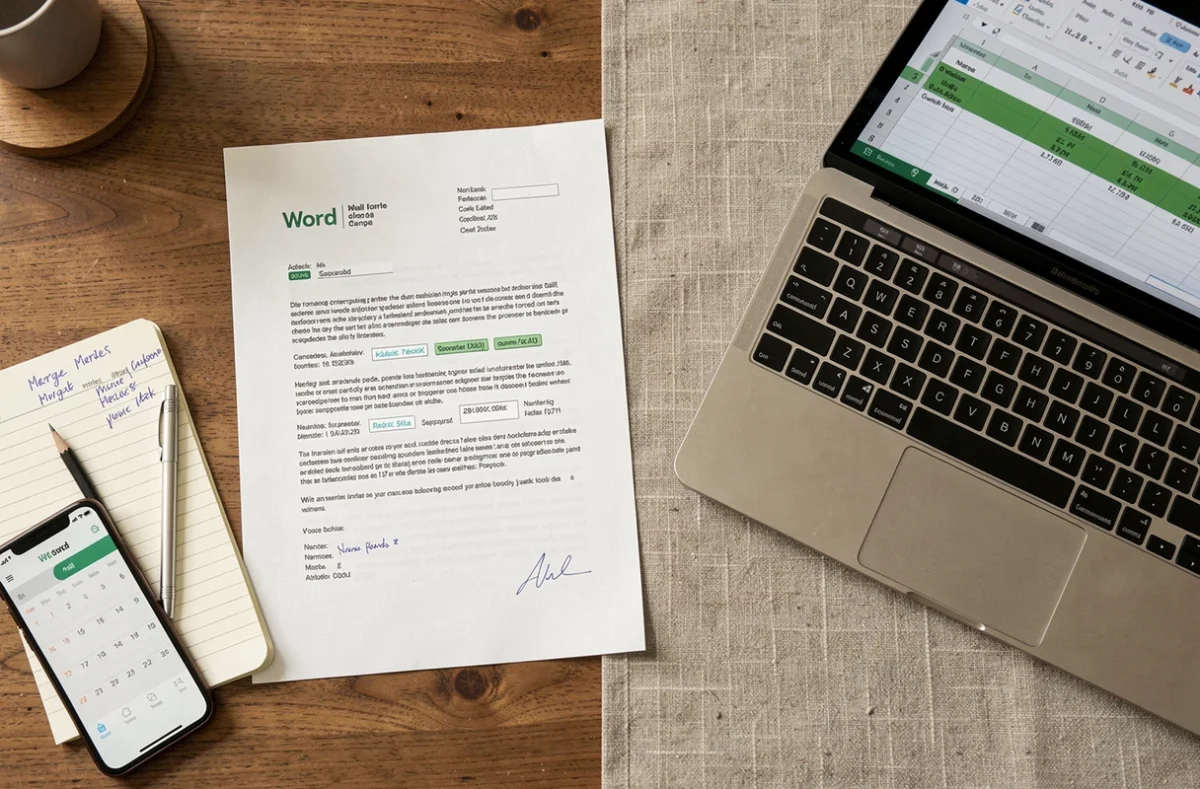 Vue aérienne d'un bureau avec lettre publipostage Word imprimée et tableau Excel de données de fusion
