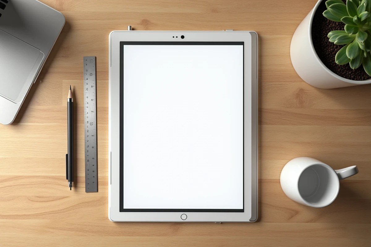 Vue de dessus d'un bureau avec une feuille A4 imprimée en portrait et une tablette affichant le même document en paysage avec les réglages de résolution en pixels