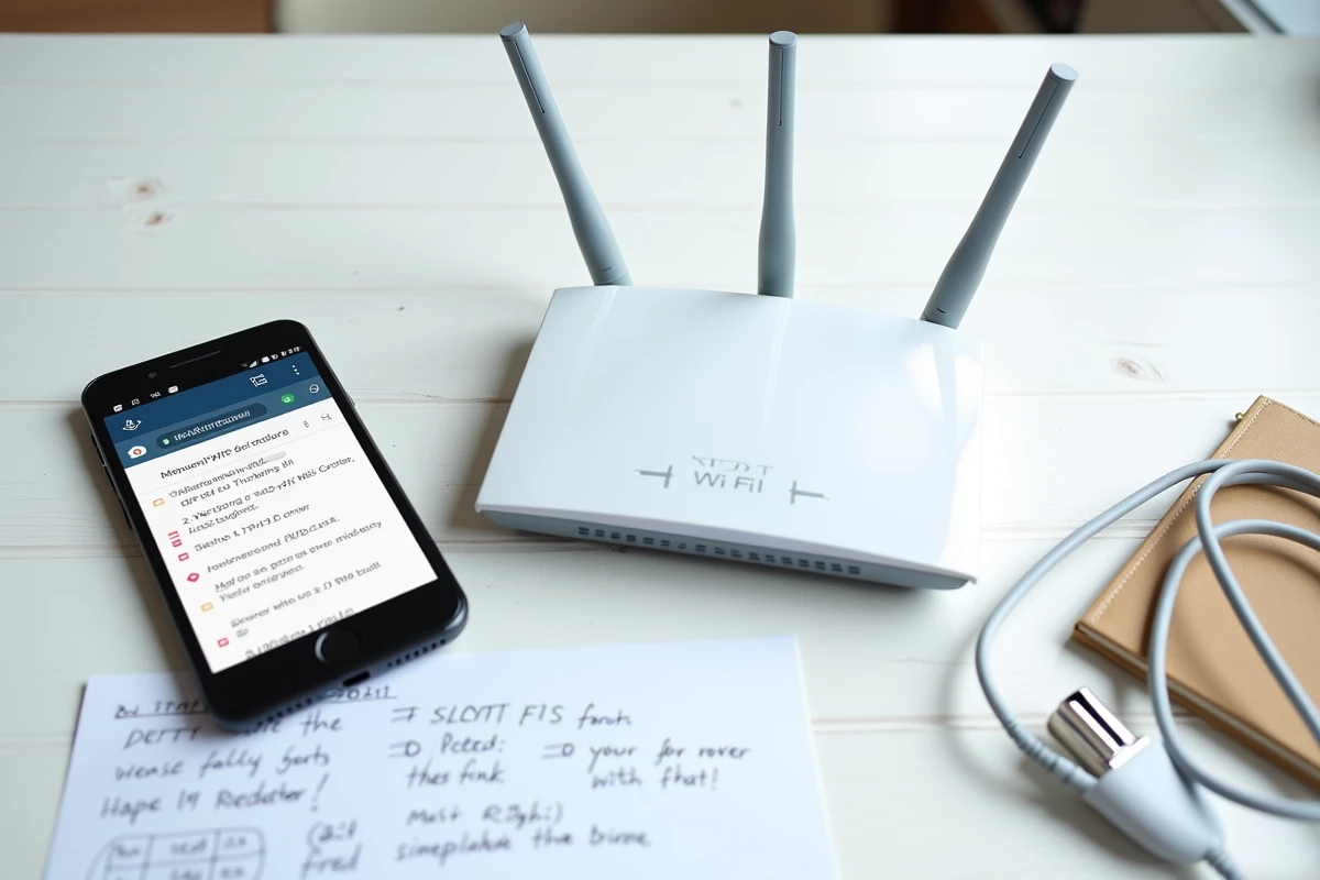 Vue de dessus d'un routeur Wi-Fi, smartphone affichant une adresse IP réseau et checklist de dépannage sur un bureau