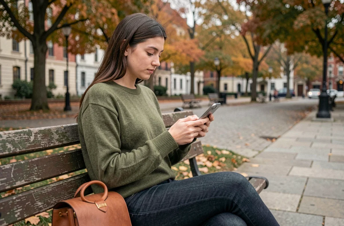 Jeune femme consultant son webmail sur smartphone en extérieur dans un parc urbain