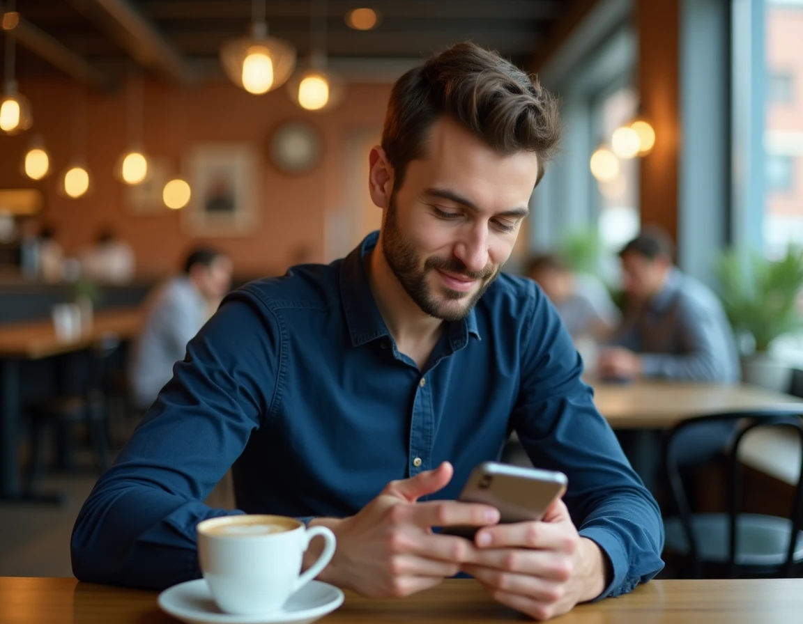 Homme configurant un compte webmail universitaire sur iPhone dans un café moderne