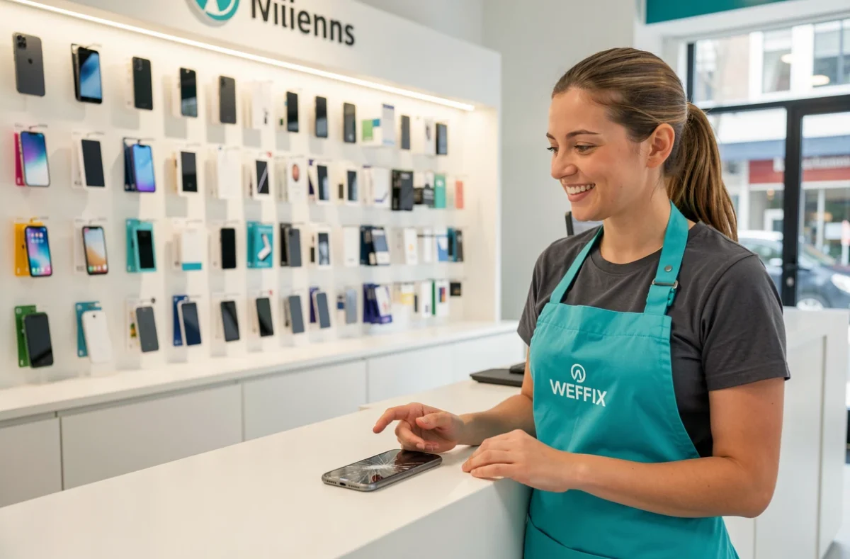 Technicienne Wefix Amiens accueillant un client avec un smartphone endommagé au comptoir